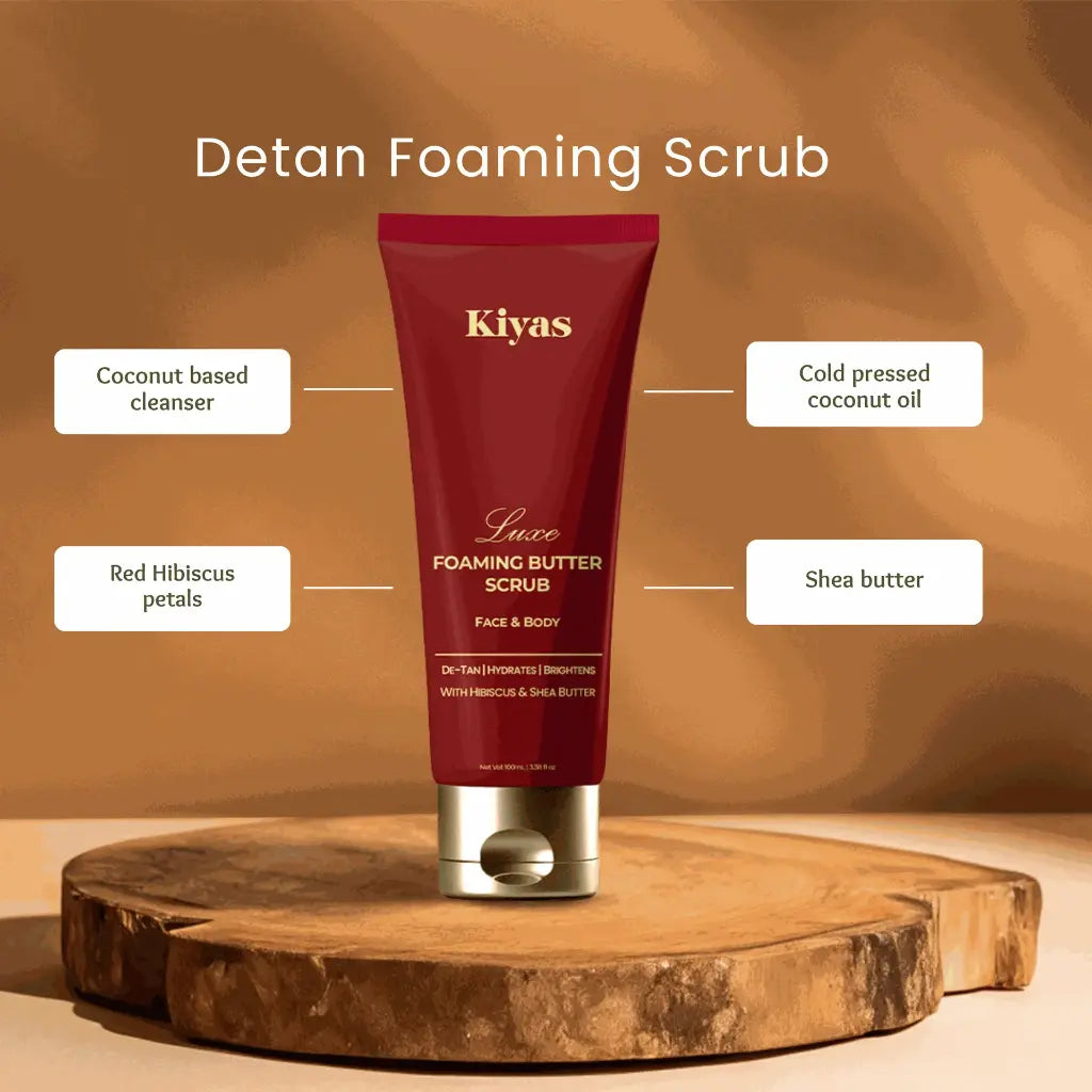 Kiyas De-Tan Foaming Butter Scrub with Hibiscus & Shea, Gentle Exfoliating Formula for Face & Body, 100ml